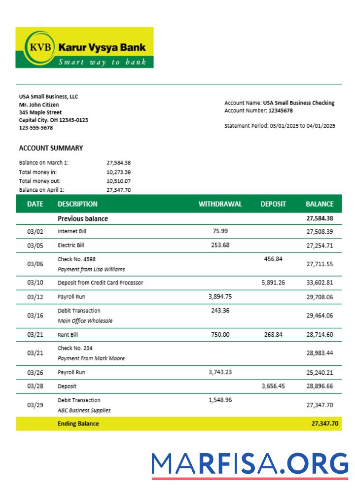 Blank KVB company checking account statement Word and PDF template